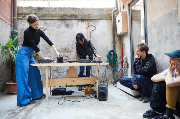 Julia Gietz and Ami Kohara performing with Tarek Atoui during Venice Biennale at StudioGiardini