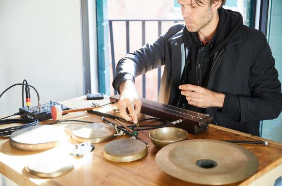 Shane Aspegren performing with Tarek Atoui during Venice Biennale at StudioGiardini